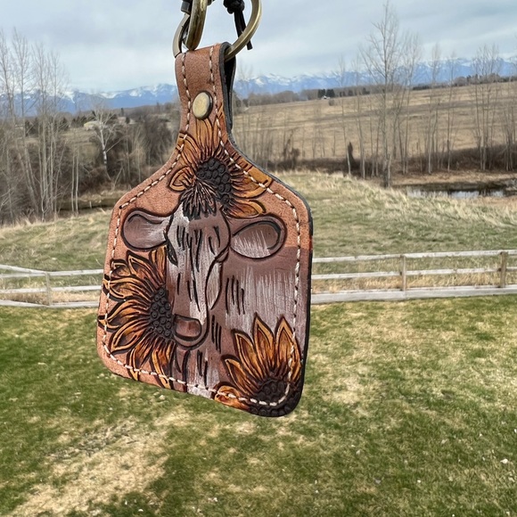 Hand-Tooled Leather Bovine Cow Boho Summer key chain fob gift yellow New Western - Picture 5 of 6
